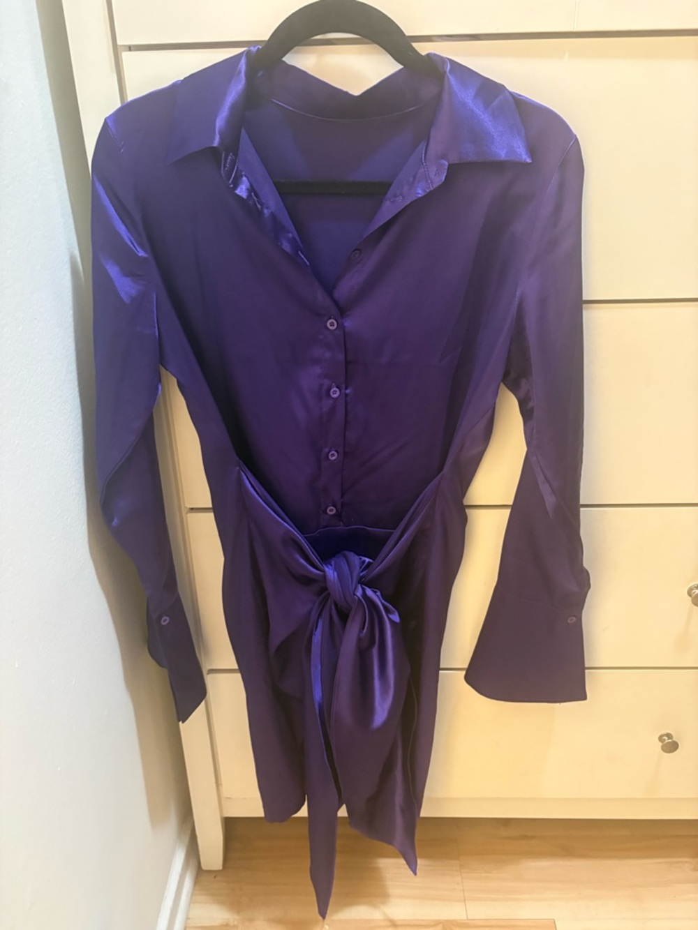 Satin Purple Button-Front Tie-Waist Dress